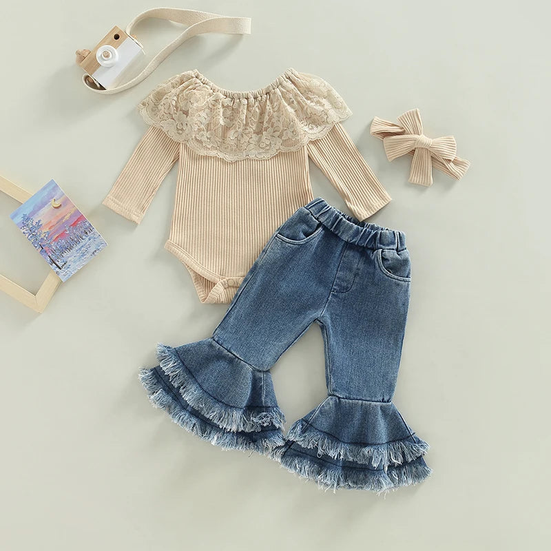 Baby Girl Toddler Lace Romper Tops Jean Headband