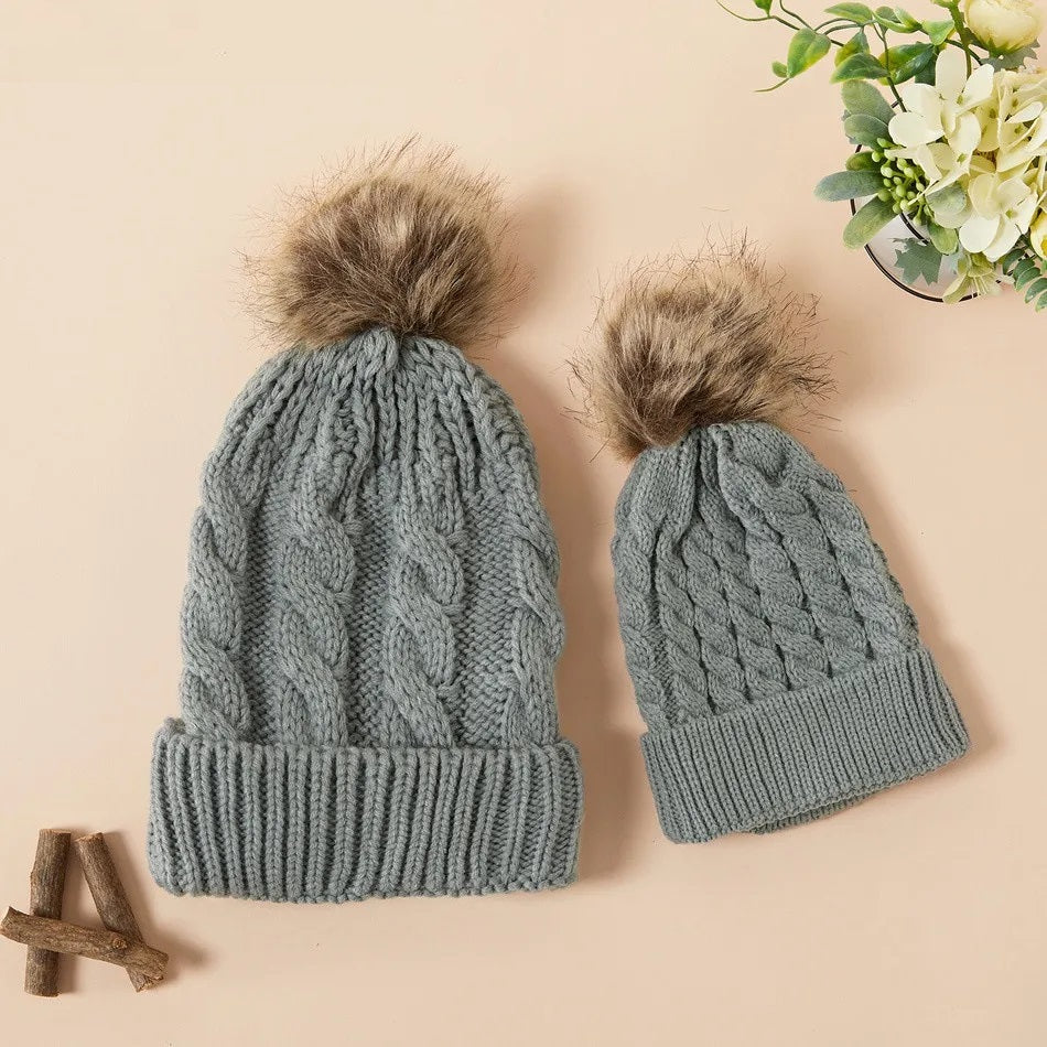 MOM & BABY Grey Crochet Cable Knit Pom Pom Beanie Winter deals Hat