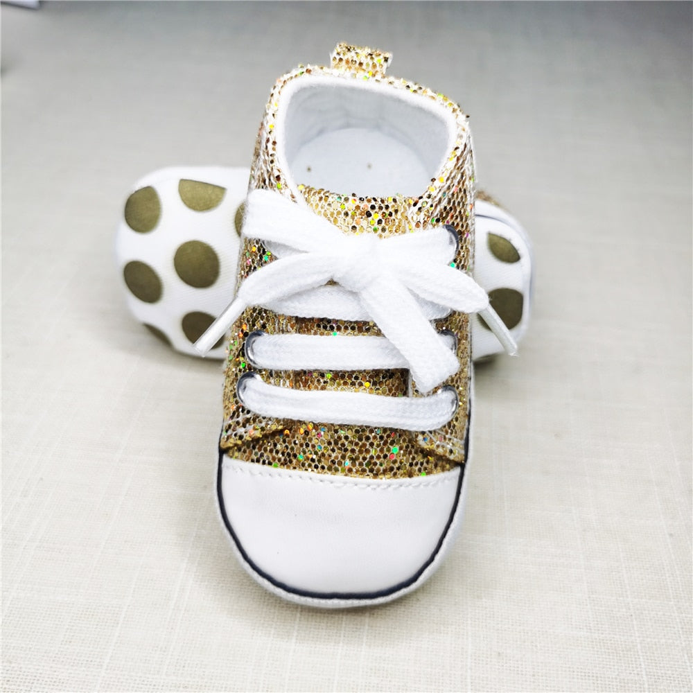 Baby Canvas Sneakers Anti Slip Newborn Shoes Shining golden 0 6 Months