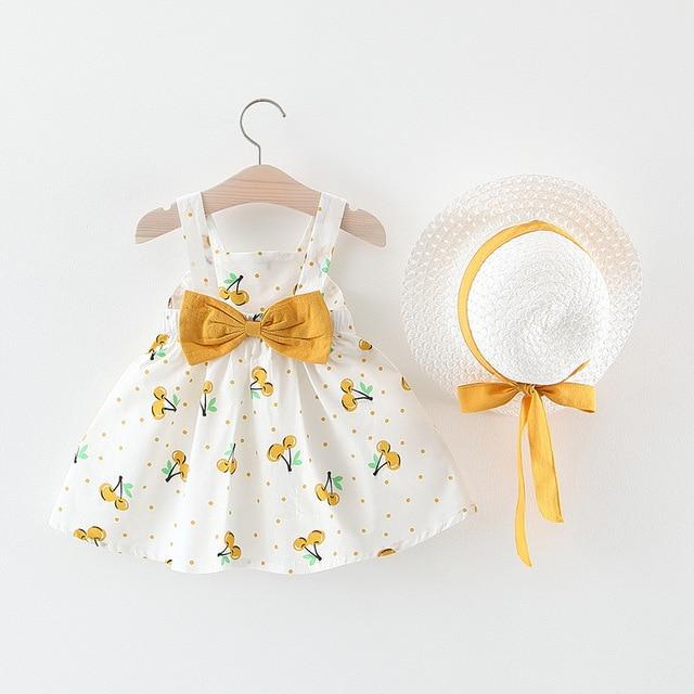 Elite Store Cherry Baby Girls Dresses with Hat Yellow / 6-9 Months