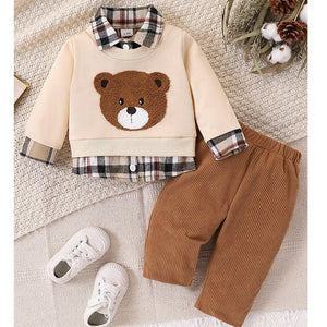 Cute Bear Embroidered Sweatshirt Pants Baby Outfit