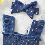 Blue golden polka dot dress with matching headband
