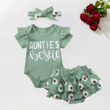 Green baby outfit with 'Auntie's Bestie' text, floral headband