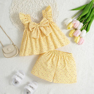 Yellow heart print dress with matching shorts baby girls clothes set.
