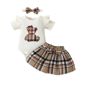 Newborn Baby Girl Plaid Bear Clothes Set