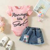 Pink baby romper with 'Mommy's little girl' text and denim skirt.