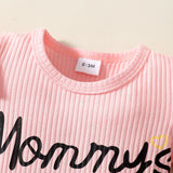 Pink baby romper with 'Mommy's little girl' text and denim skirt.