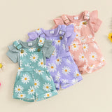 Baby girl floral pattern green, pink and purple shorts and bodysuit sets.