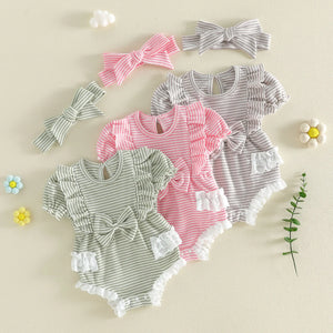 Newborn Baby Girl Striped Rompers Headband