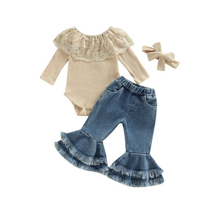 Baby Girl Toddler Lace Romper Tops Jean Headband
