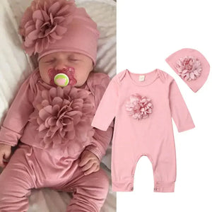 Newborn Baby Girl Jumpsuit + Hat (Pink / White)