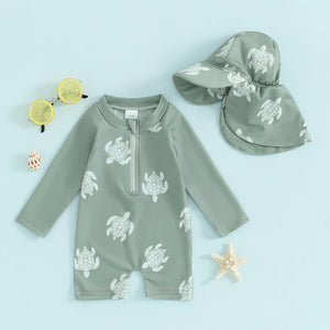 Baby Boys Long Sleeve Swimsuit Caps Beachwear