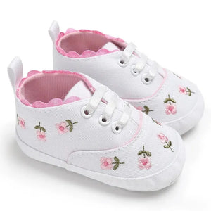White/Pink Floral Embroidered Baby Girl Shoes 0-18M