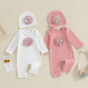 Newborn Baby Girl Jumpsuit + Hat (Pink / White)