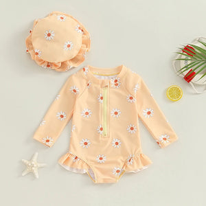 Baby Girls Kids Swimsuit Long Sleeve Flower Print Bathing Suits