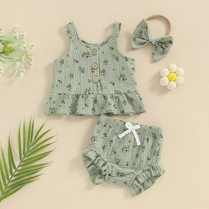 Baby outfit set with floral top, bloomers, and headband 
