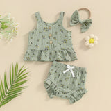 Baby outfit set with floral top, bloomers, and headband 
