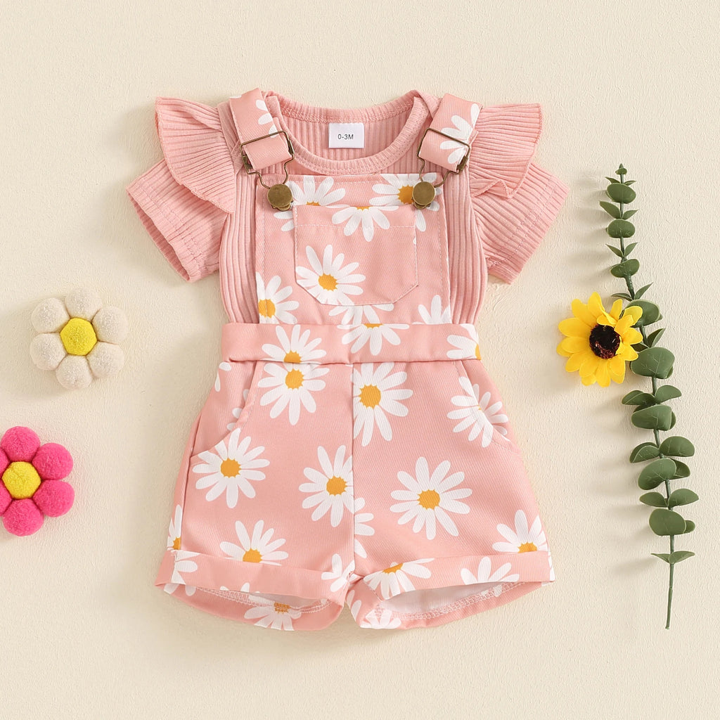 Infant Baby Girl Summer Outfit – Cute Floral Print Fly Sleeve Romper & Solid Shorts Set With Headband