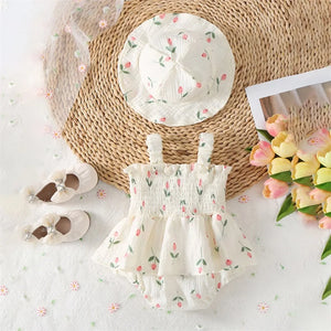 Baby Girl Cotton Romper Dress Hat Set