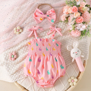 Pink baby romper with colorful rabbit patterns and headband set