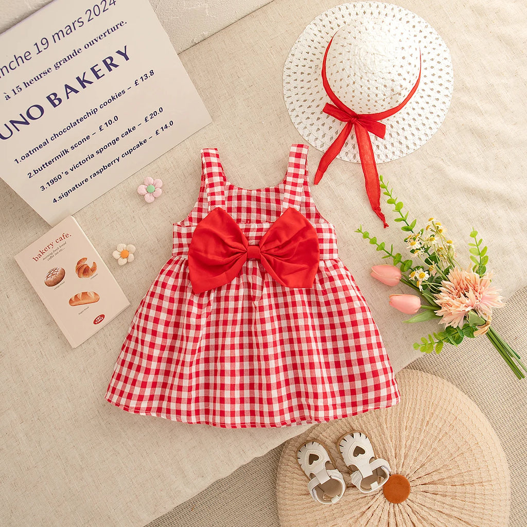 baby girls dresses Gunia Baby Girl Dress 2-Pack Outfits Casual Sleeveless Bow Knot Ruffled Hem Two Piece Set Infant To 3 Years Flower Girls Dresses,Red 6-9 Months