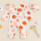 Baby Girl Pumpkin Flower Jumpsuit Headband Set