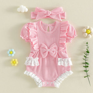 Newborn Baby Girl Striped Rompers Headband