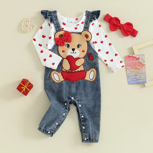 Baby Girl Bear Embroidery Denim Jumpsuit Clothes Set