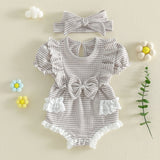 Newborn Baby Girl Striped Rompers Headband
