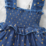 Blue dress with gold polka dots