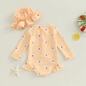 Baby Girls Kids Swimsuit Long Sleeve Flower Print Bathing Suits