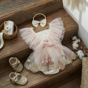 Baby Girls Embroidery Tulle Romper Dress Headband