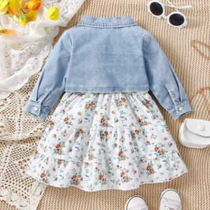 Children's outfit with floral dress, denim jacket