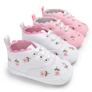 White/Pink Floral Embroidered Baby Girl Shoes 0-18M