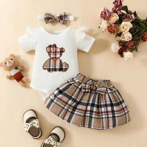 Newborn Baby Girl Plaid Bear Clothes Set