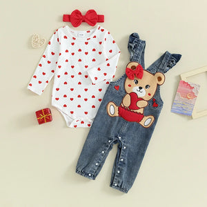 Baby Girl Bear Embroidery Denim Jumpsuit Clothes Set