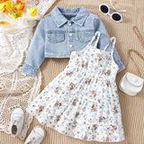 Children's outfit with denim jacket, floral dress.