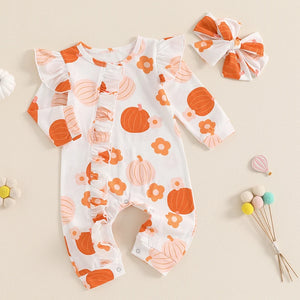 Baby Girl Pumpkin Flower Jumpsuit Headband Set