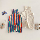 Two baby rompers, one with a dotted pattern and one with colorful stripes