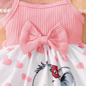 Pink baby girl dress with a bow and cartoon character.