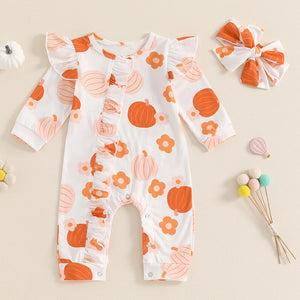 Baby Girl Pumpkin Flower Jumpsuit Headband Set