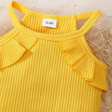 Yellow ribbed top with ruffled straps baby girl t-shirts.