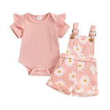Baby outfit set with pink ruffled top and floral overalls.