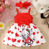 Red and white baby girl dress with elephant character and heart pattern.