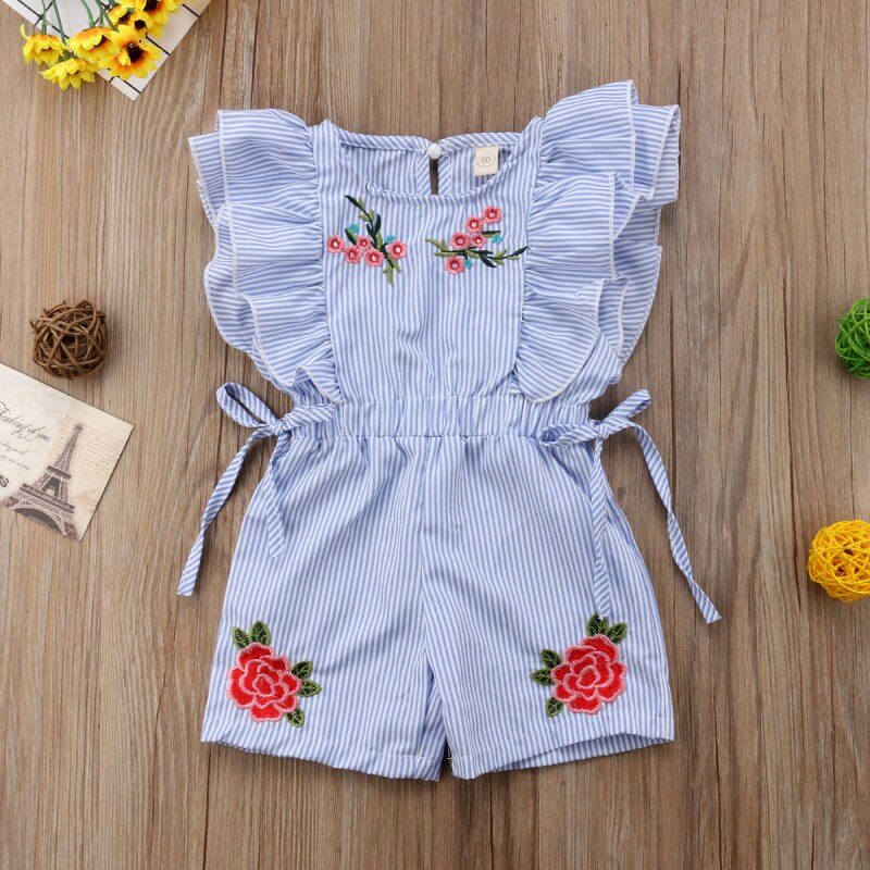 Baby Clothes - Baby Girl Toddler Flower Stripe Ruffle Jumpsuit