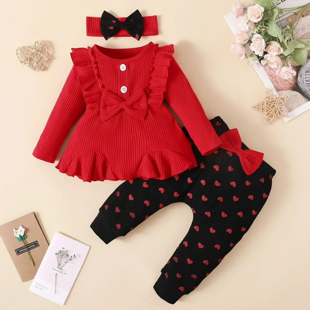Baby & Toddler - Cute Bowknot Heart Clothes Set 0-24M (Red/Pink)