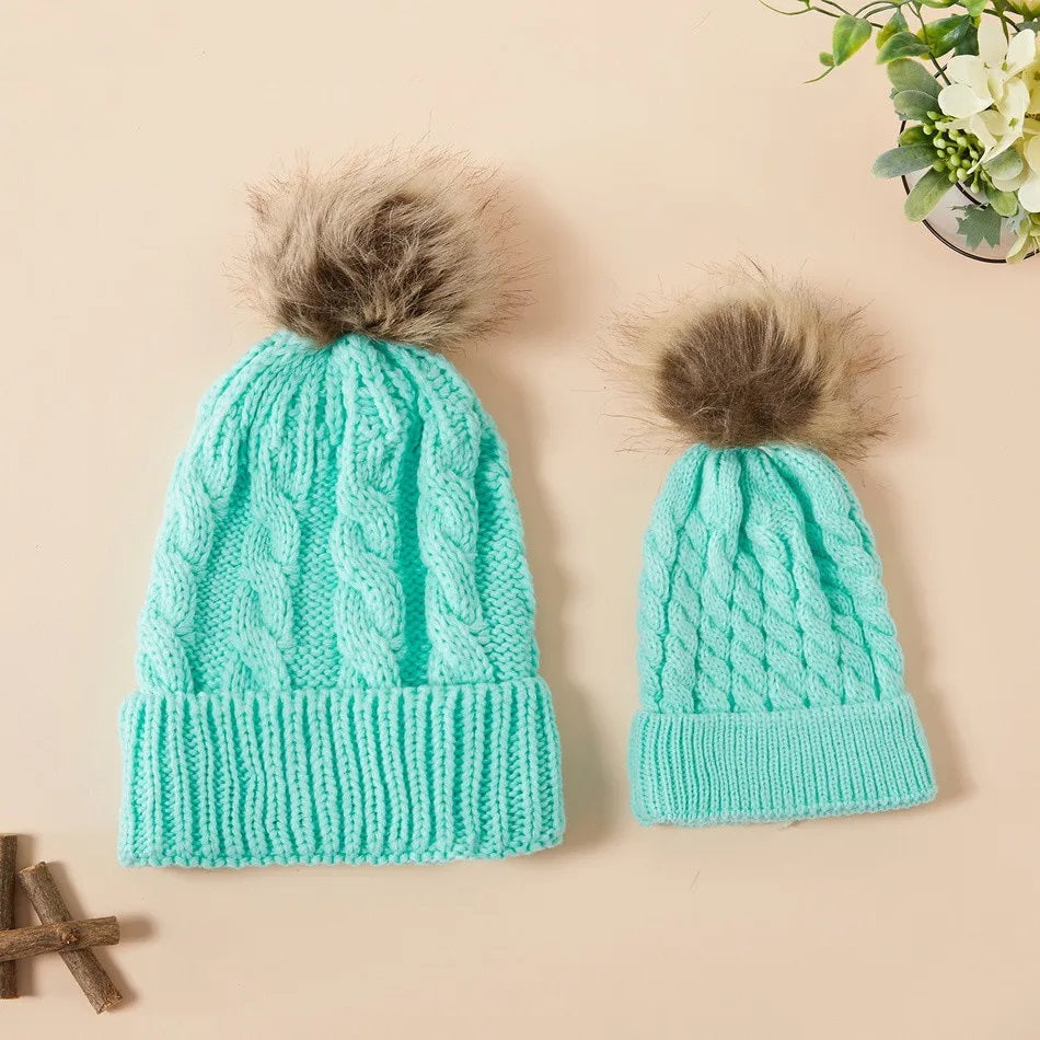 Hair Accessories - Mom & Baby Pom Pom Winter Hats Set