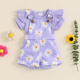 Baby girl floral pattern green, pink and purple shorts and bodysuit sets.
