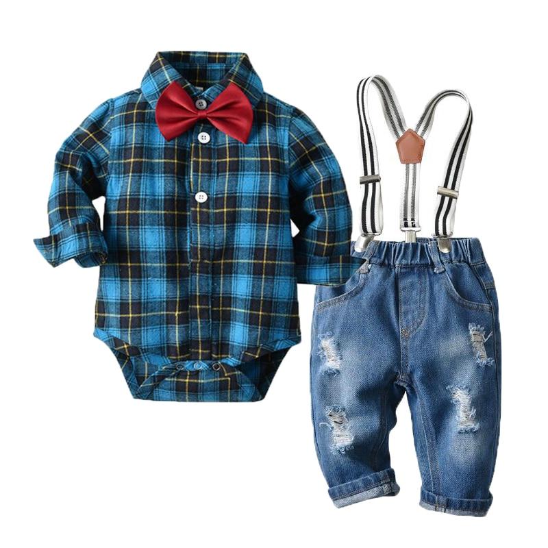 Baby Clothes - Baby Boy Plaid Rompers Gentleman Jeans Suit