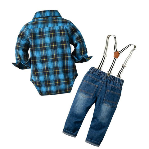 Baby Clothes - Baby Boy Plaid Rompers Gentleman Jeans Suit